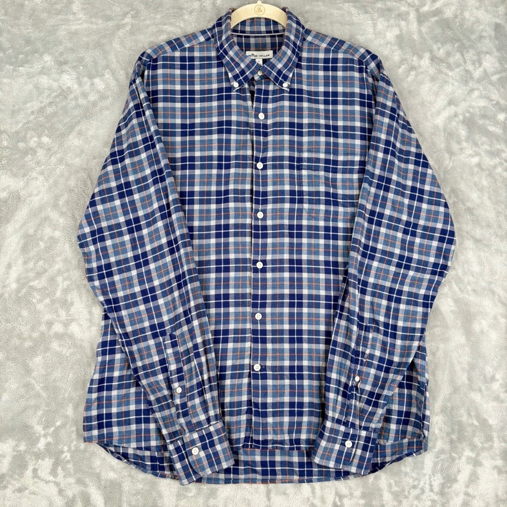 PETER MILLAR Mens Long Sleeve Button Down Plaid Shirt‎ Blue Large Casual Preppy